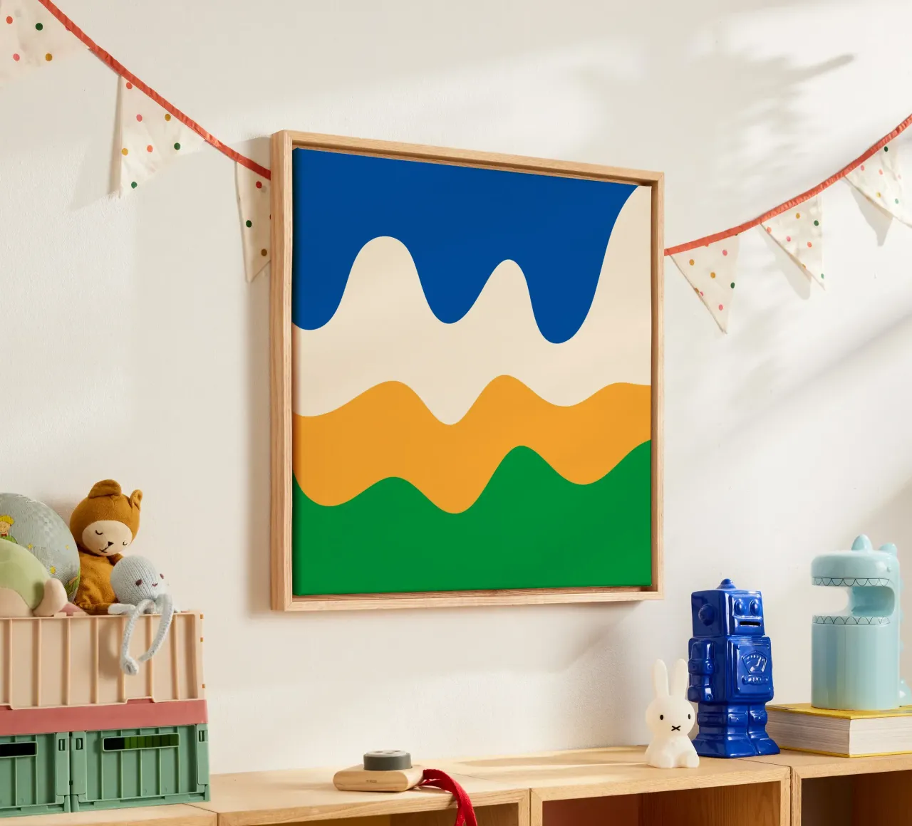 Abstracte moderne vormen - blauw, groen, geel en crème canvas met Baklijst van Wackapacka