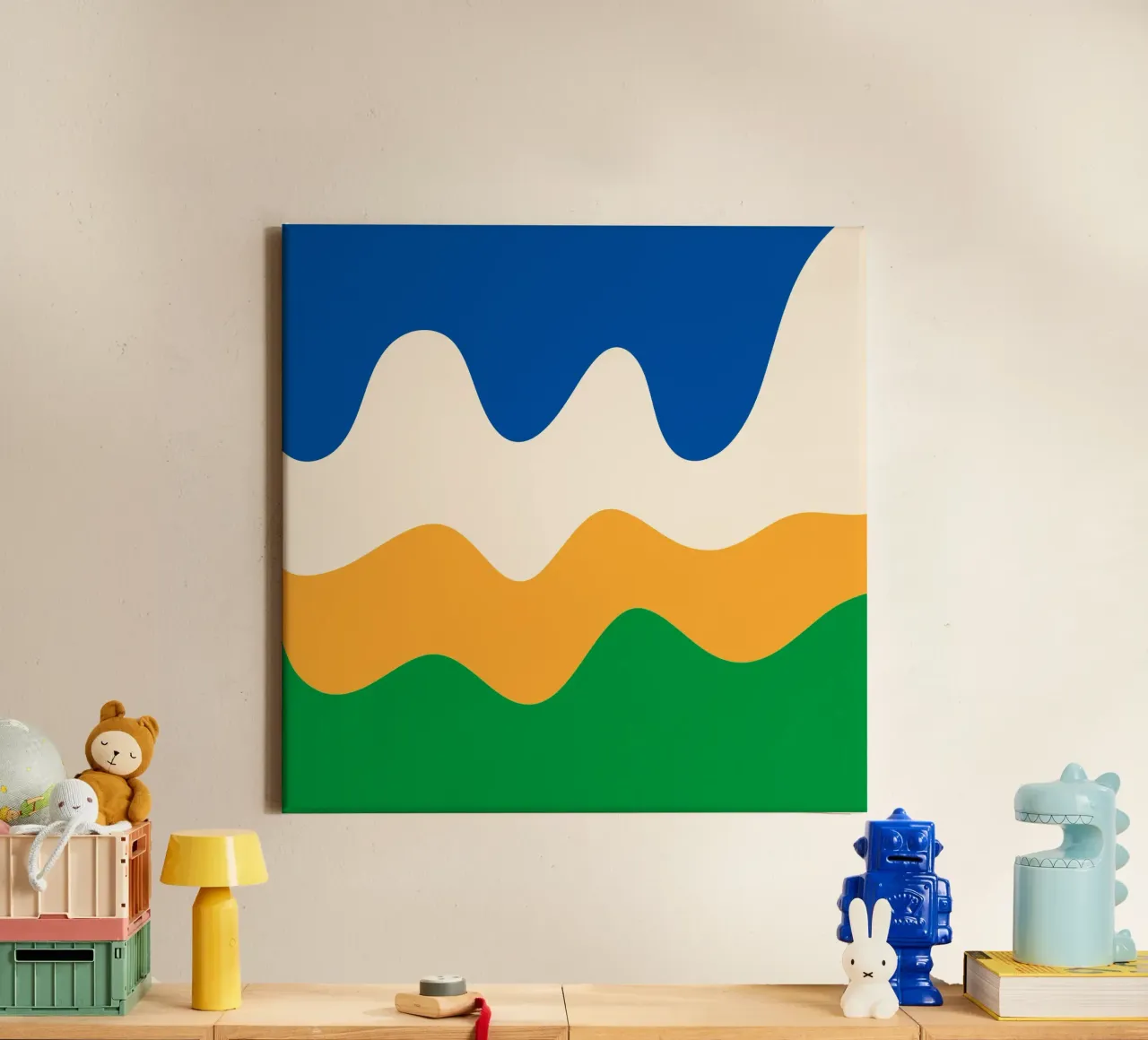 Abstracte moderne vormen - blauw, groen, geel en crème canvas met Baklijst van Wackapacka