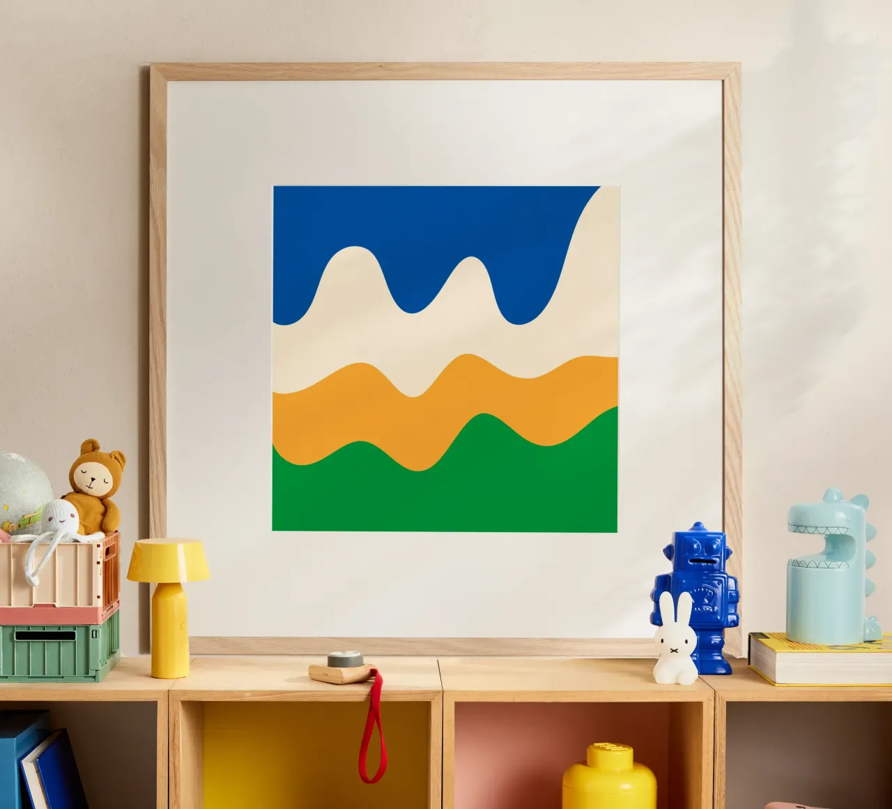 Formes abstraites modernes - bleu, vert, jaune et crème poster avec cadre en aluminium de Wackapacka