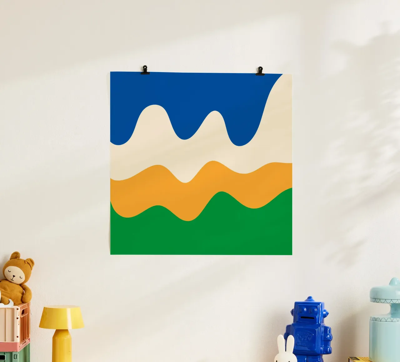 Formes abstraites modernes - bleu, vert, jaune et crème poster avec cadre en aluminium de Wackapacka