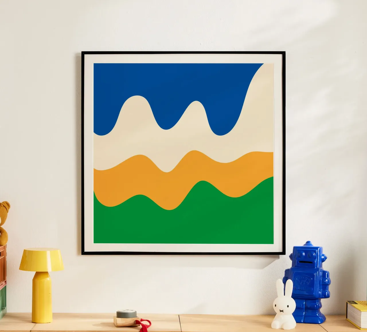 Formes abstraites modernes - bleu, vert, jaune et crème poster avec cadre en aluminium de Wackapacka