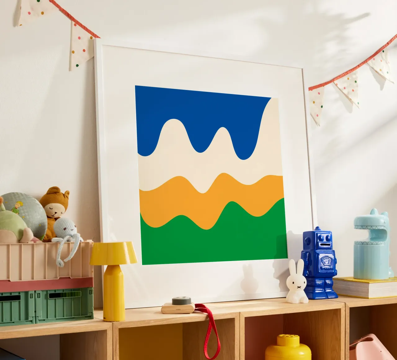 Formes abstraites modernes - bleu, vert, jaune et crème poster avec cadre en aluminium de Wackapacka