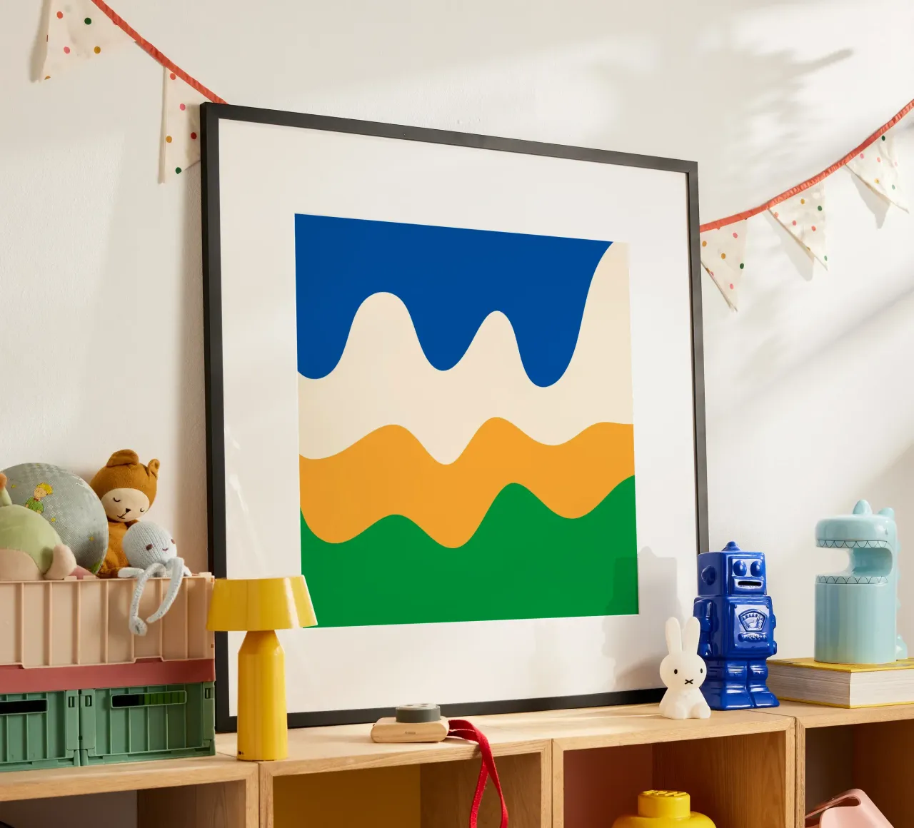 Formes abstraites modernes - bleu, vert, jaune et crème poster avec cadre en aluminium de Wackapacka