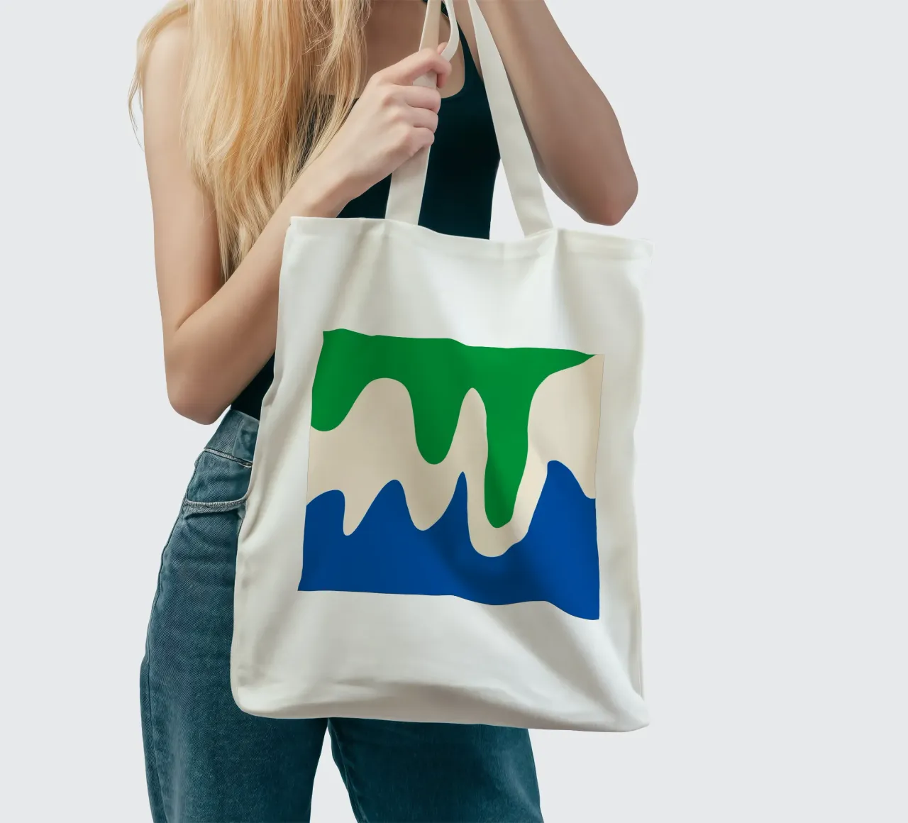 Forme astratte e moderne - verde, blu e crema borsa in juta da Wackapacka