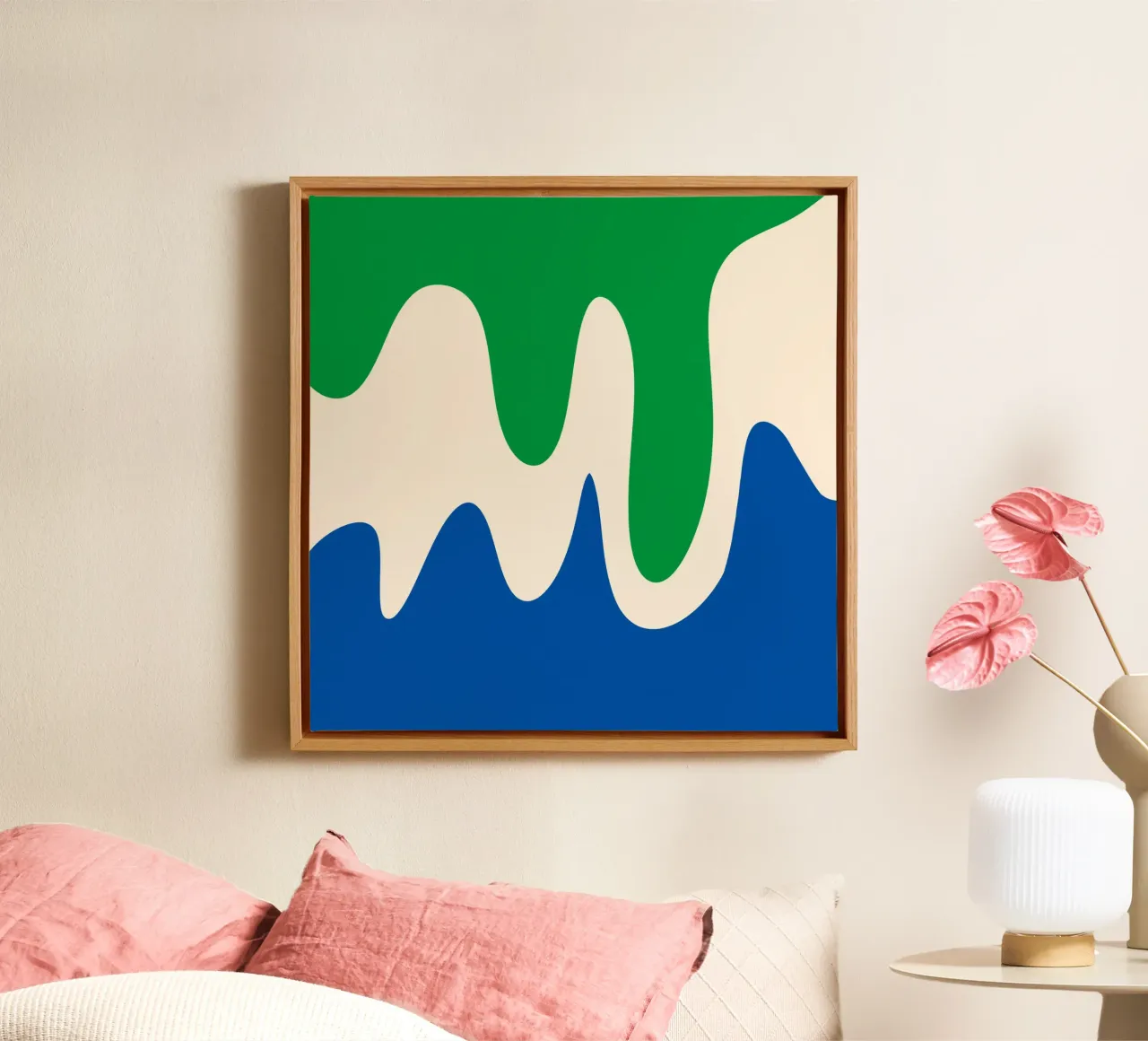 Forme astratte e moderne - verde, blu e crema tela con Cornice a cassetta da Wackapacka