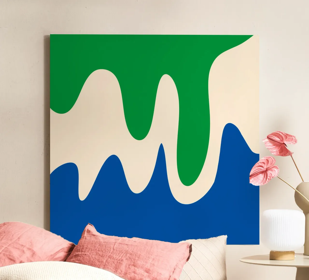 Forme astratte e moderne - verde, blu e crema tela con Cornice a cassetta da Wackapacka