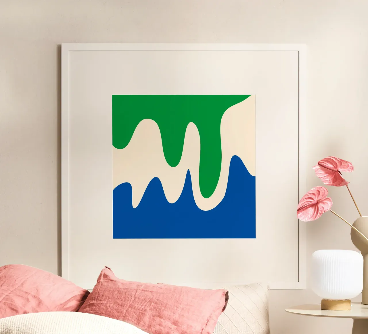 Forme astratte e moderne - verde, blu e crema poster con telaio in plastica da Wackapacka