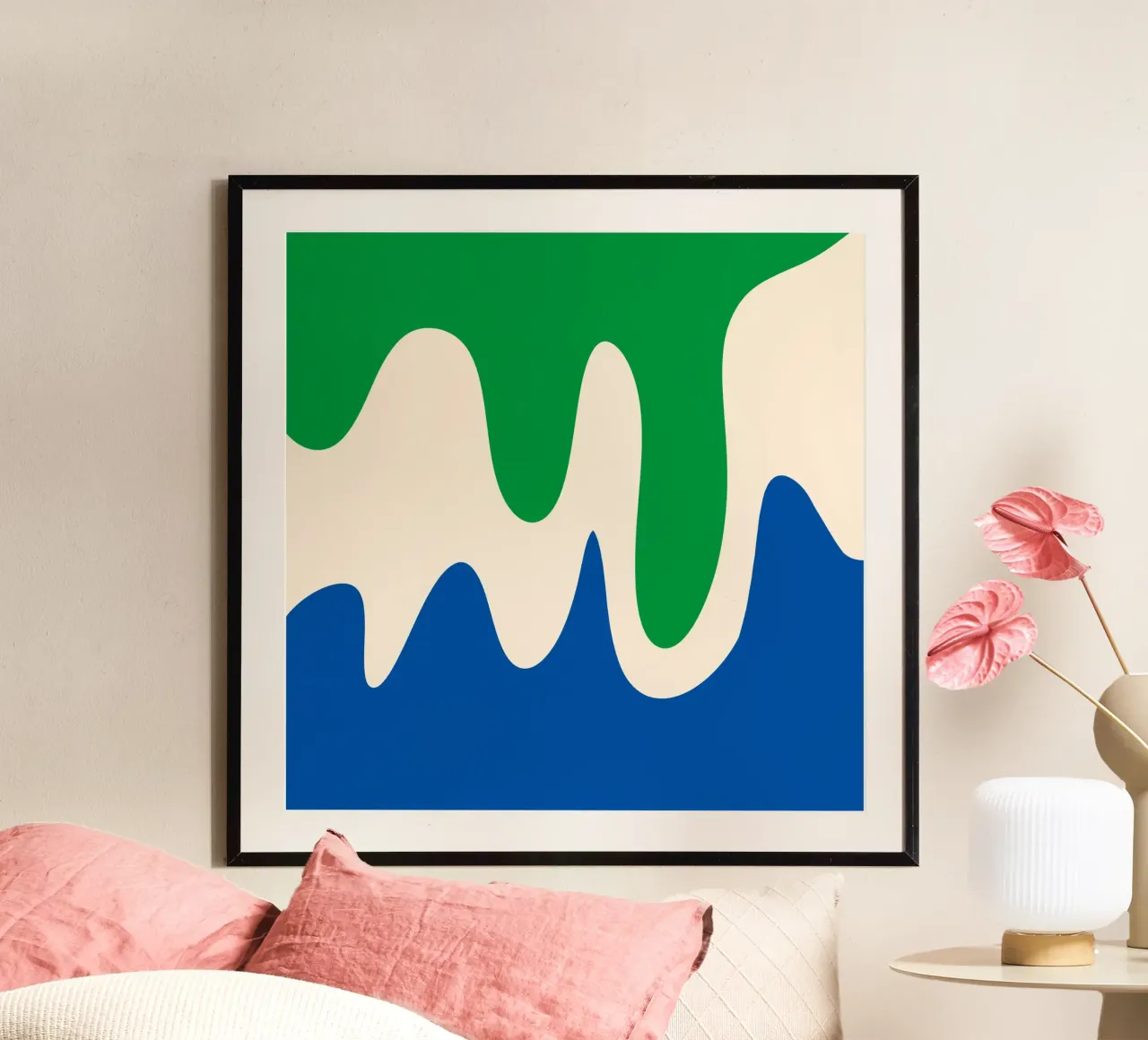 Forme astratte e moderne - verde, blu e crema poster con telaio in plastica da Wackapacka