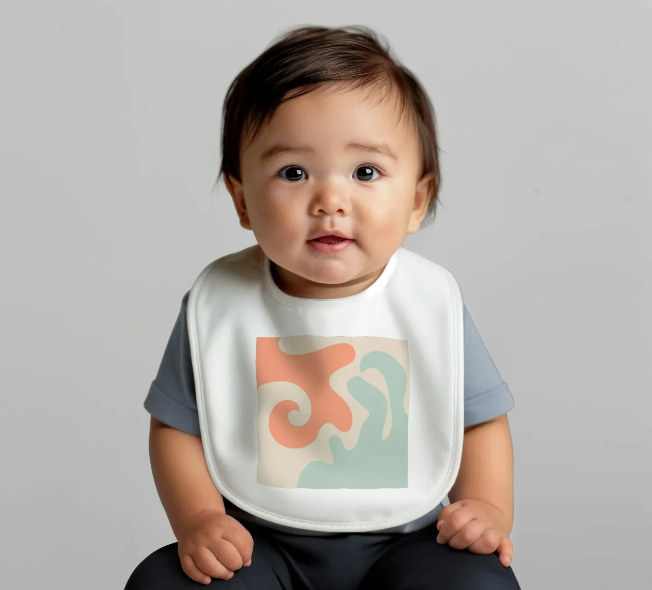 Abstract modern shapes - coral, blue, cream baby bib by Wackapacka