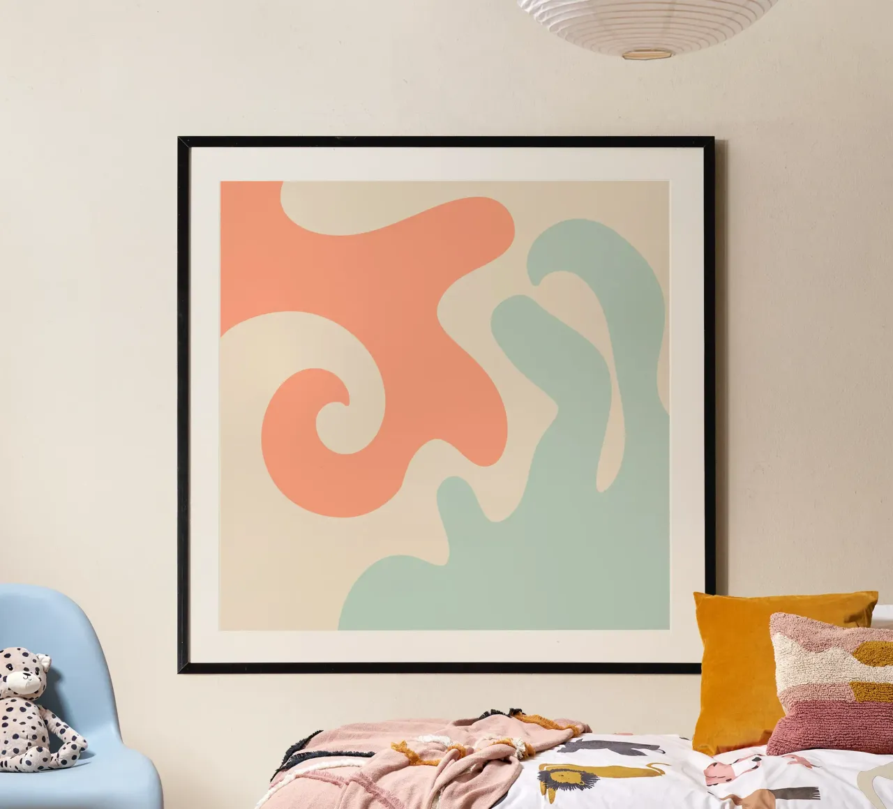 Forme astratte e moderne - corallo, blu, crema poster con telaio in plastica da Wackapacka