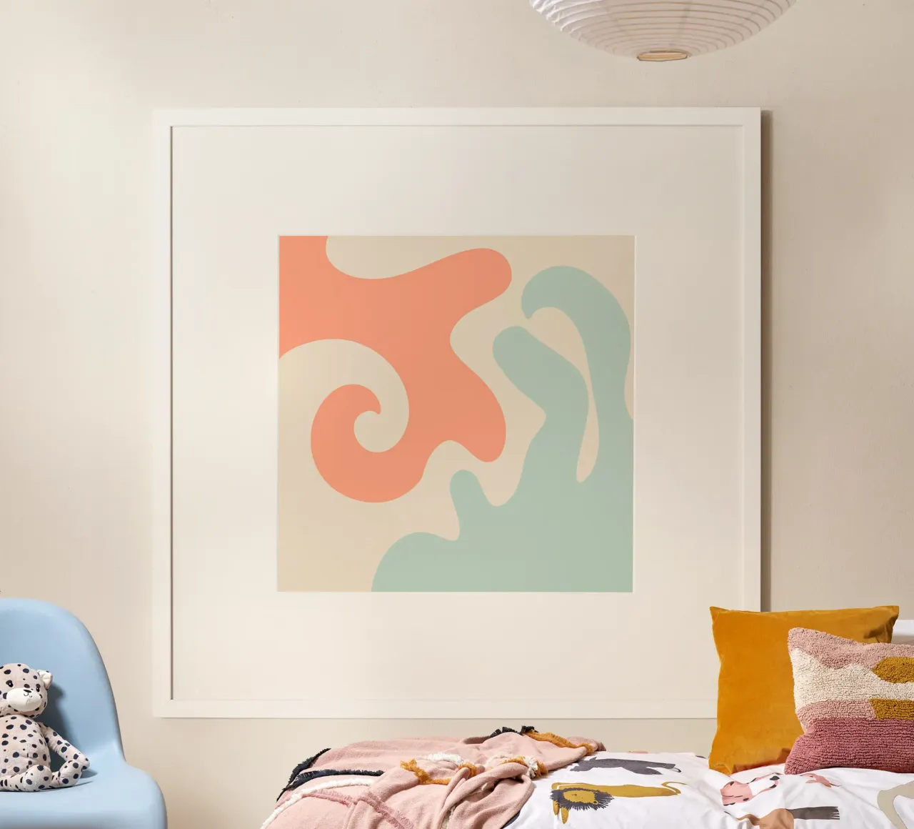 Forme astratte e moderne - corallo, blu, crema poster con telaio in plastica da Wackapacka