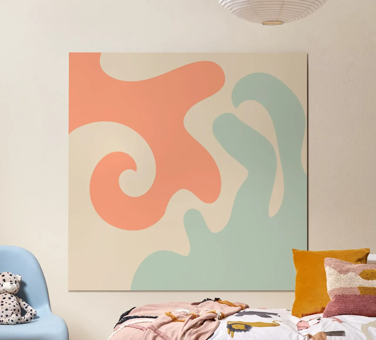 Forme astratte e moderne - corallo, blu, crema poster con telaio in plastica da Wackapacka