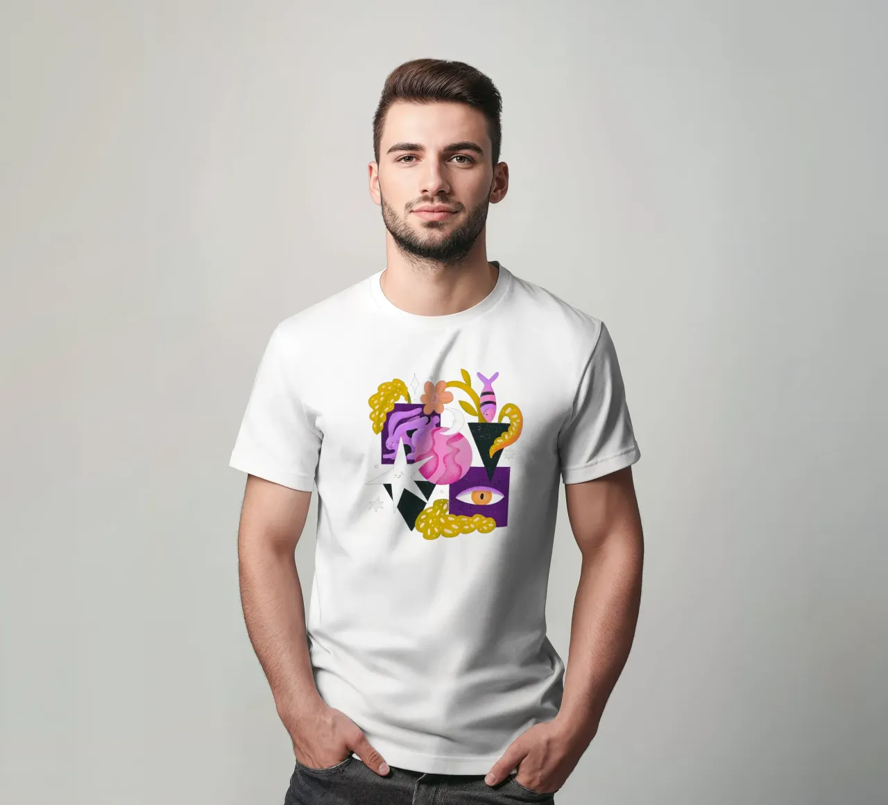 Still life with hare, leaves, fish, eye, stars and moon t-shirt by Bold & Beautiful
