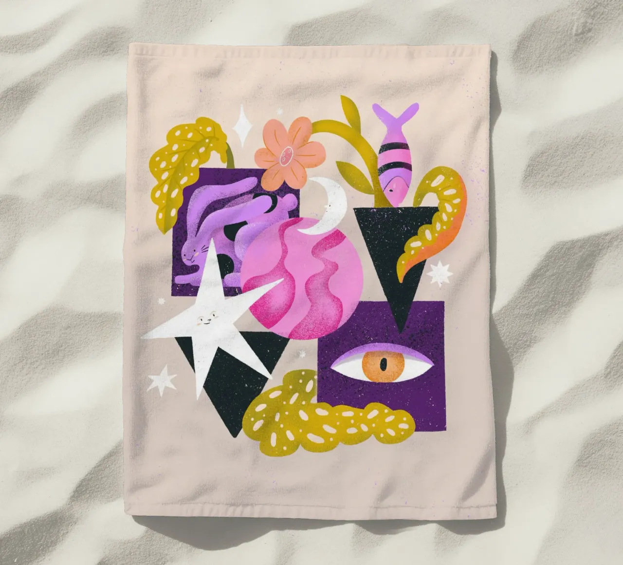 Still life with hare, leaves, fish, eye, stars and moon beach towel by Bold & Beautiful