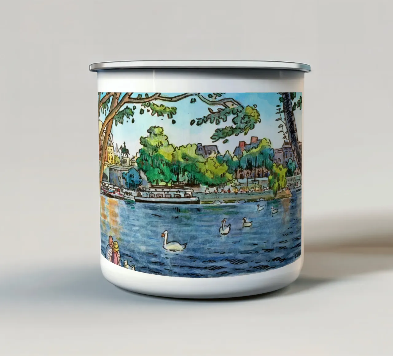 I cigni del Pont Neuf, Parigi tazza in smalto da C.WILL