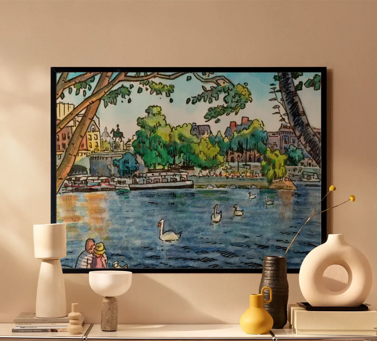 I cigni del Pont Neuf, Parigi poster con telaio in alluminio da C.WILL