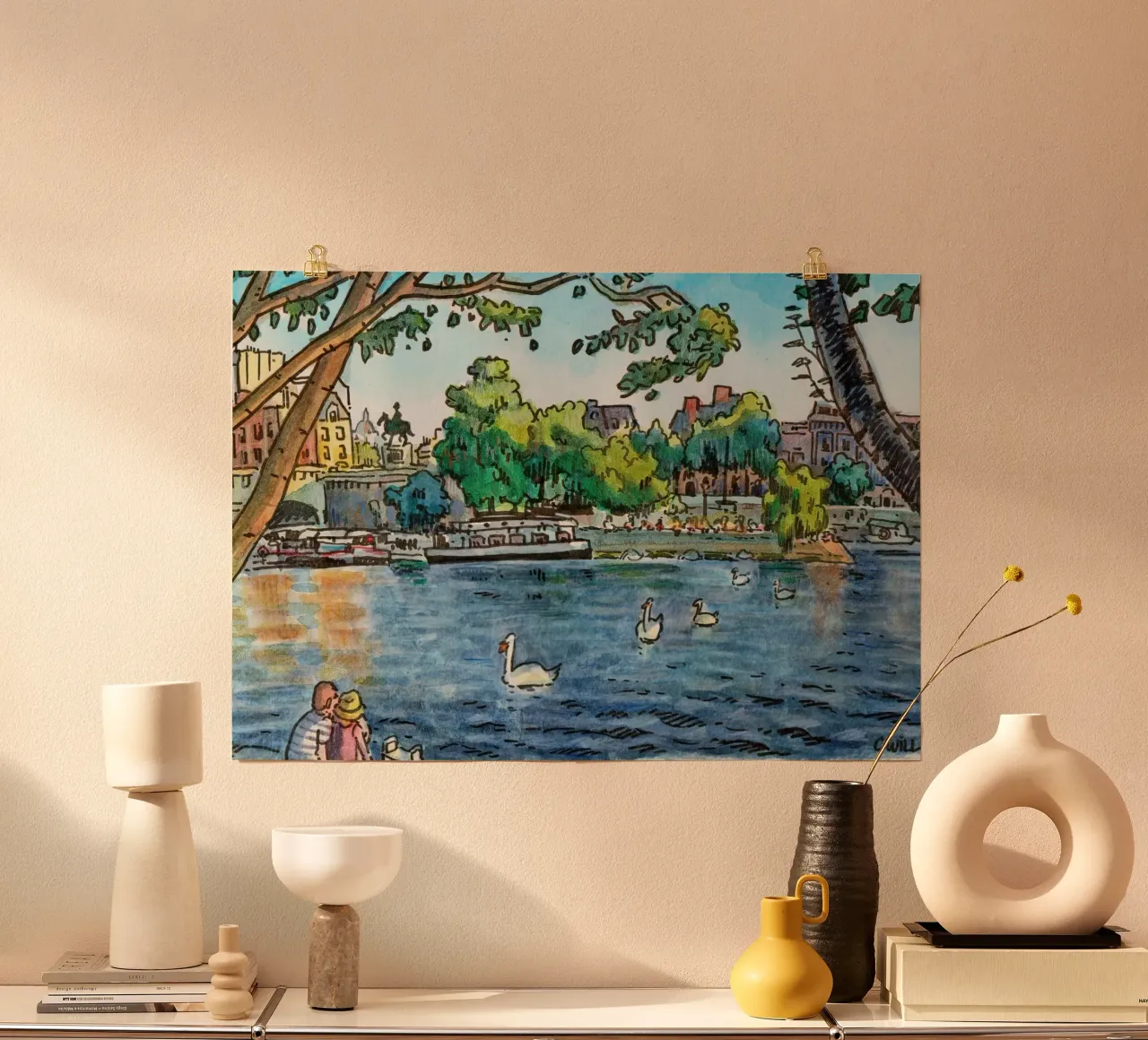 I cigni del Pont Neuf, Parigi poster con telaio in alluminio da C.WILL