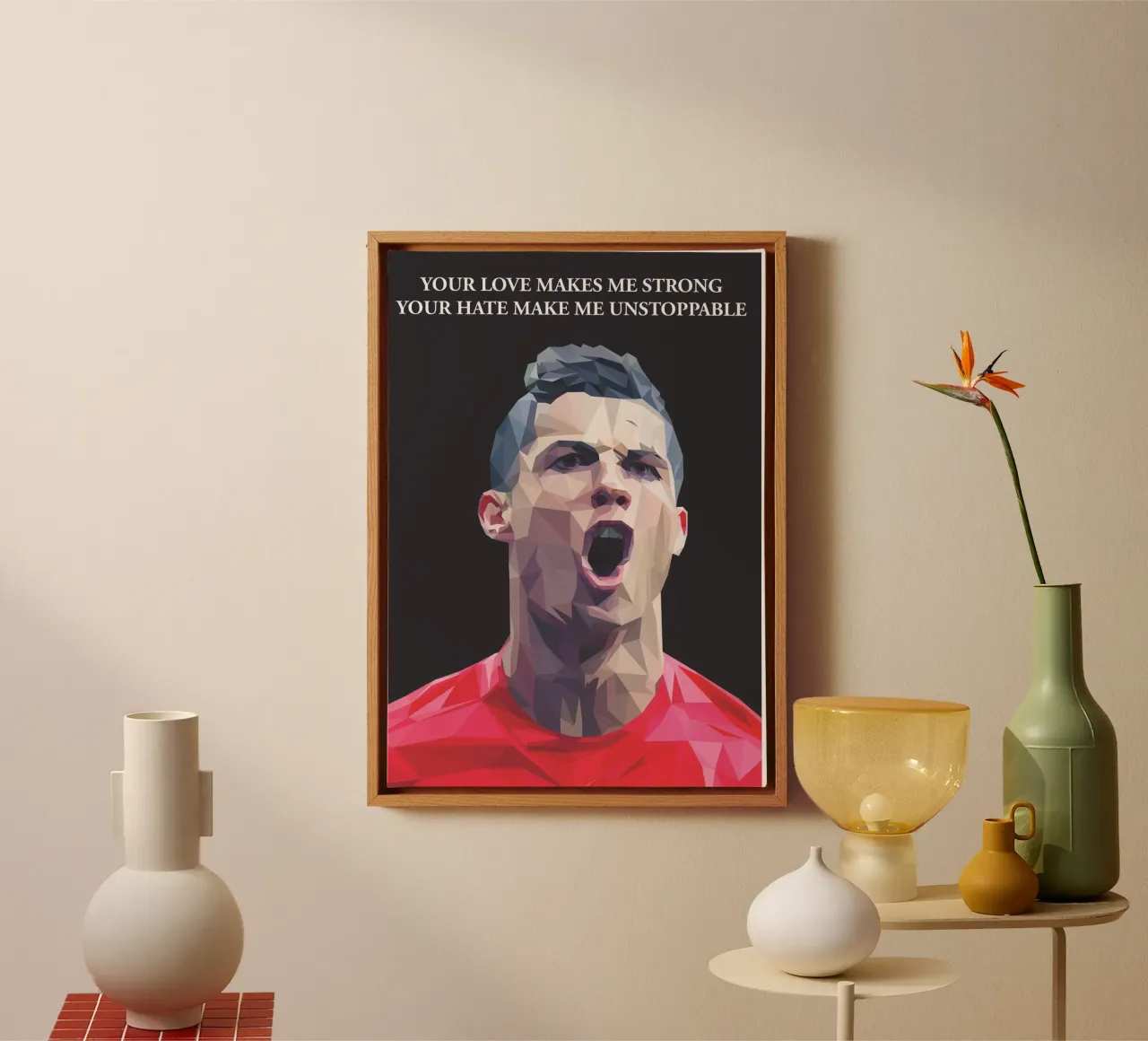 C. Ronaldo Motivation quote canvas met Baklijst van Low poly art