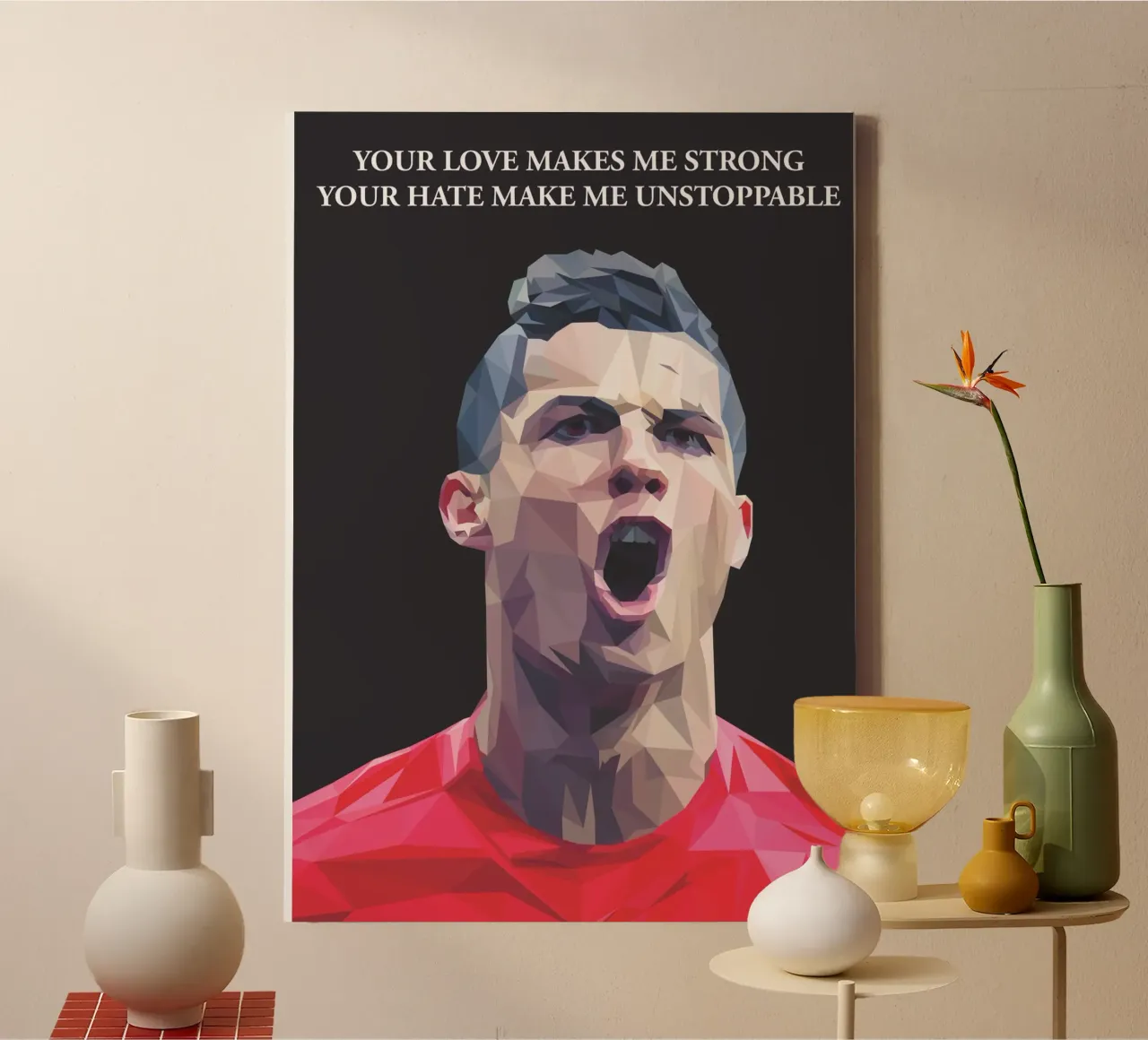 C. Ronaldo Motivation quote canvas met Baklijst van Low poly art