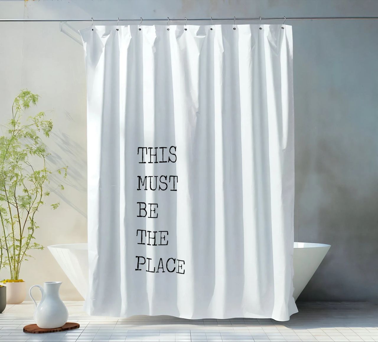 This Must Be The Place Minimalist schwarz-weißes Zitat Duschvorhang von Summer Soul Co. - Quotes