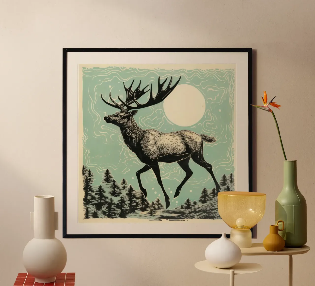 Alce Verde 1 poster con telaio in legno da Minimal Animal Art