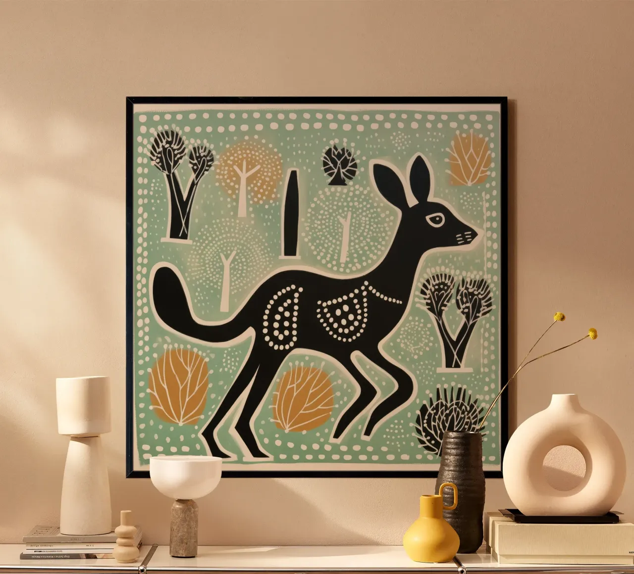 Canguro verde 3 poster con telaio in plastica da Minimal Animal Art