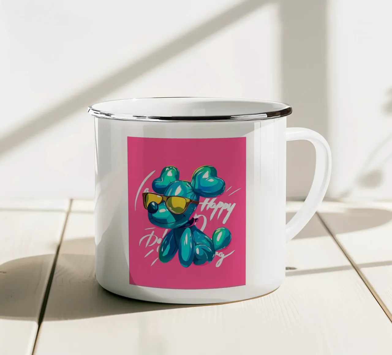 Cane felice con palloncino tazza in smalto da Carinaprint