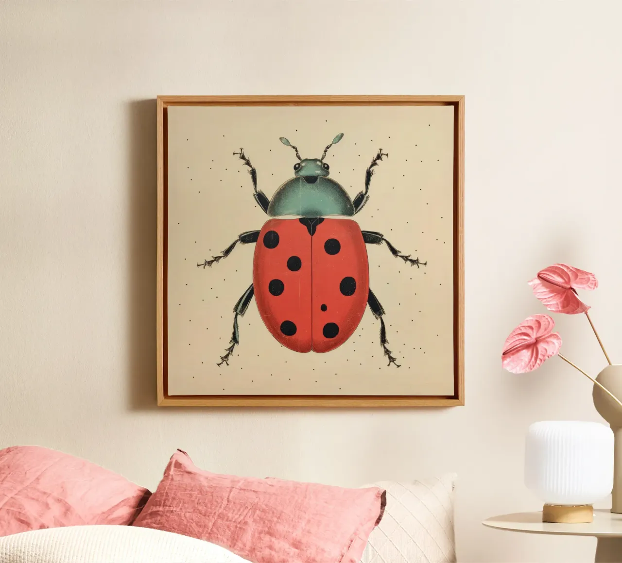 Coccinella verde 4 tela con Cornice a cassetta da Minimal Animal Art