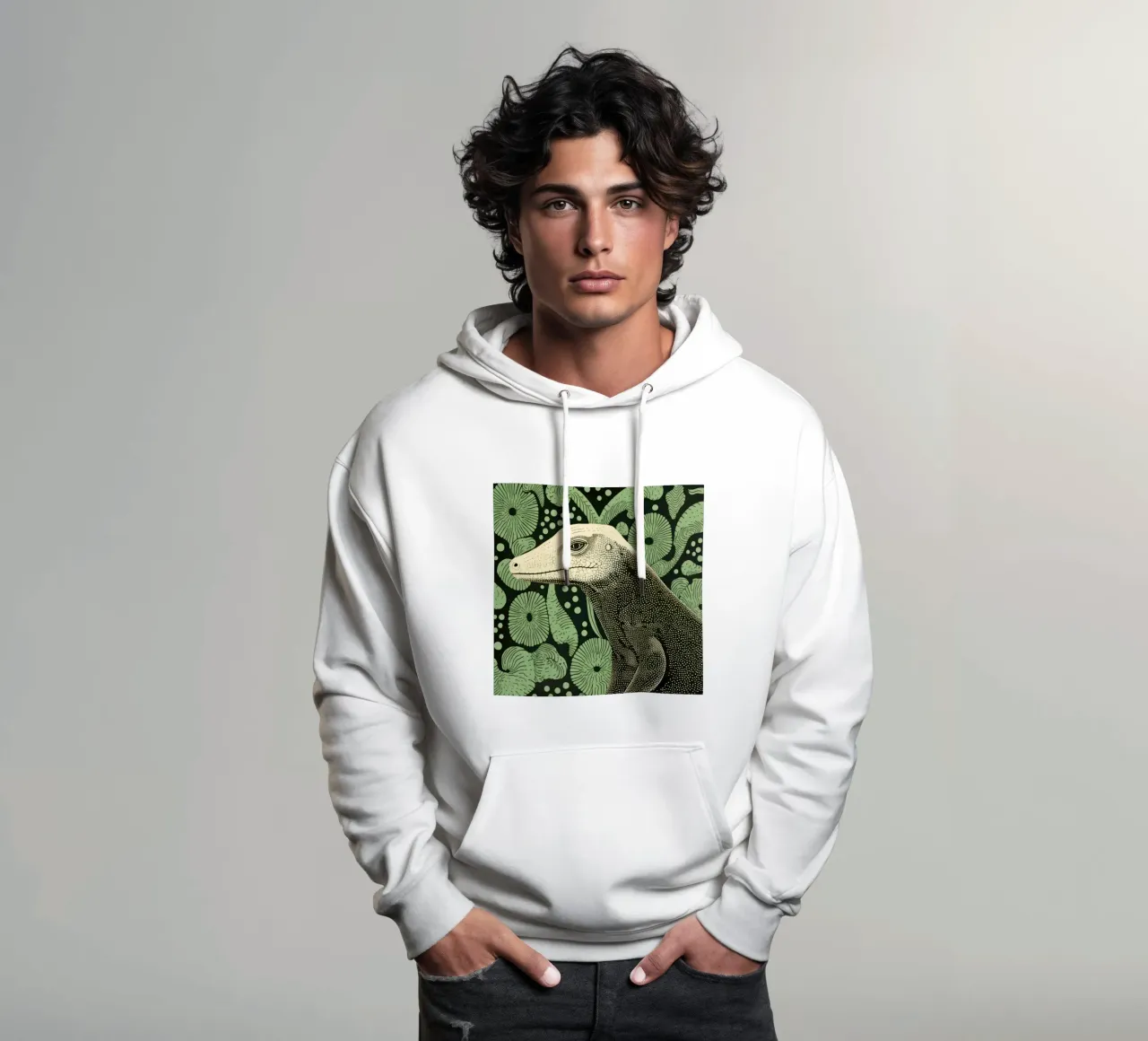 Drago di Komodo verde 1 felpa con cappuccio da Minimal Animal Art