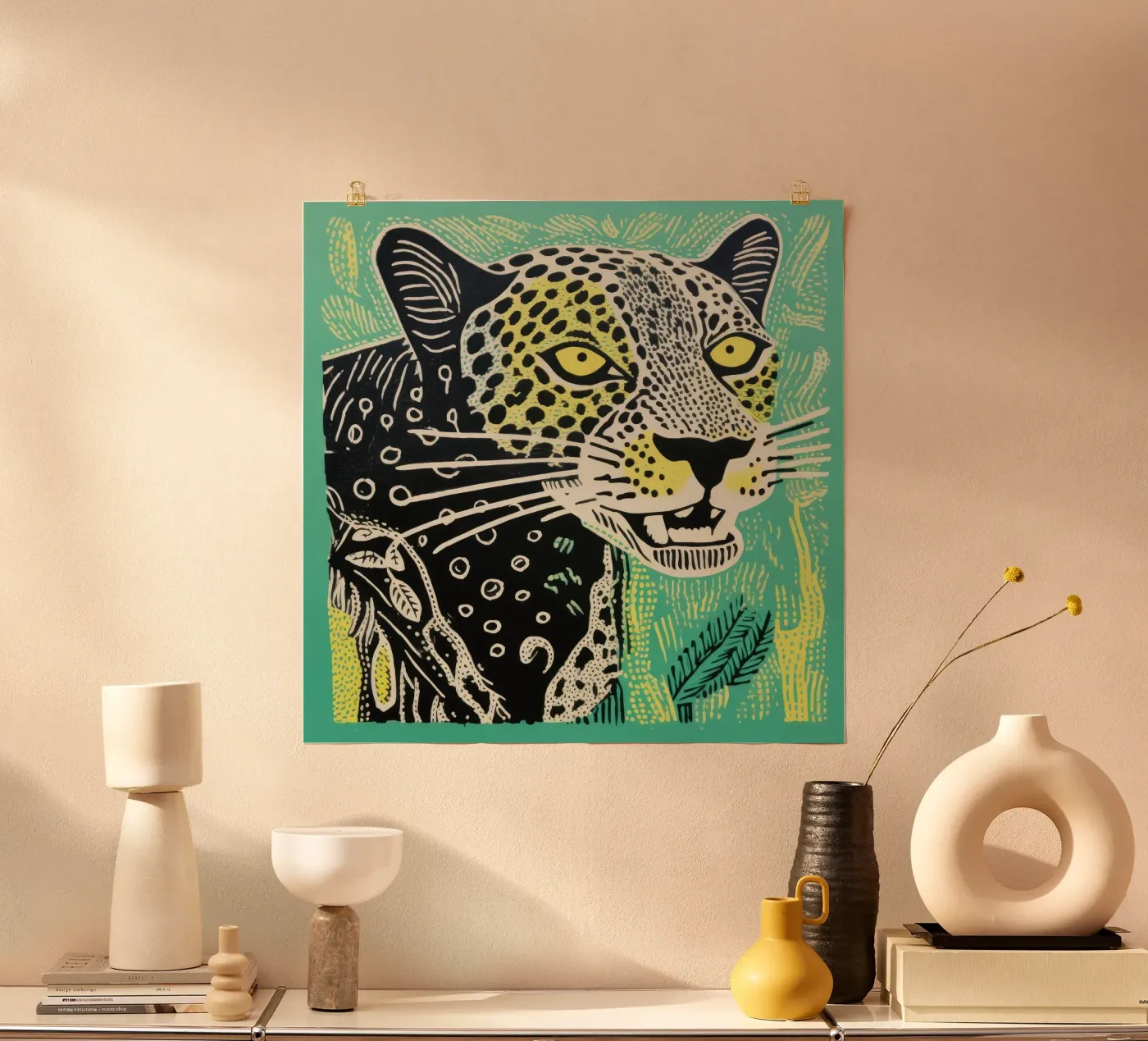 Green Leopard poster van Minimal Animal Art