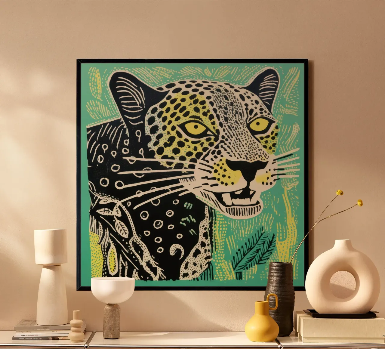 Leopardo Verde 4 poster con telaio in legno da Minimal Animal Art