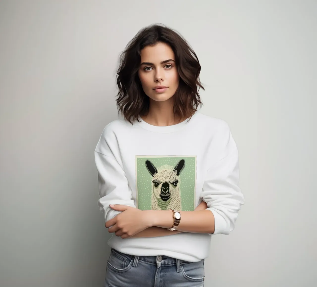 Green Llama sweatshirt by Minimal Animal Art