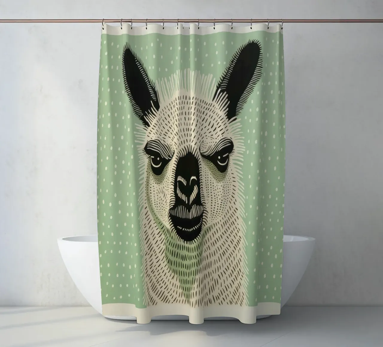 Green Llama 1 shower curtain by Minimal Animal Art