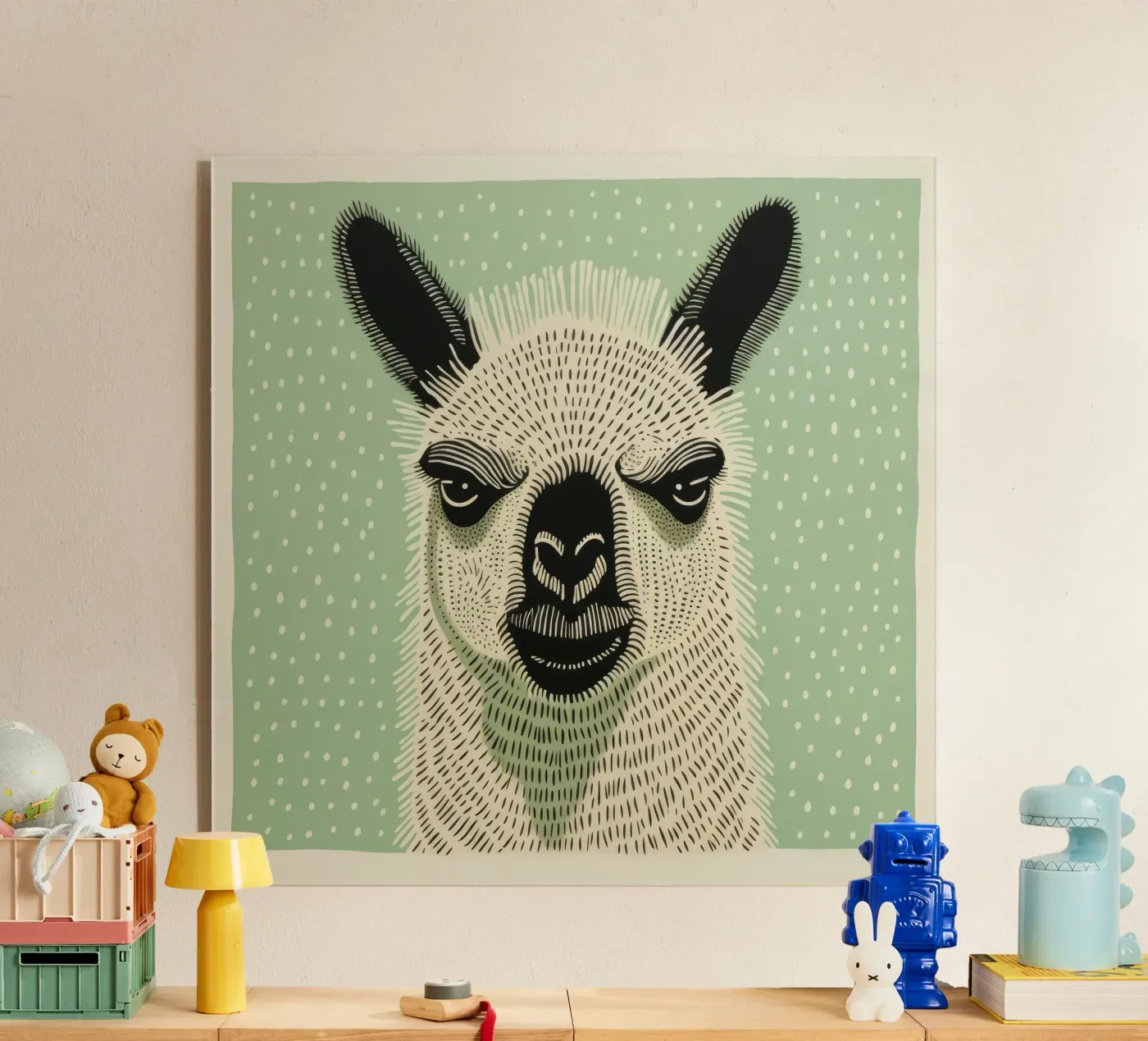 Groene Lama acryl van Minimal Animal Art