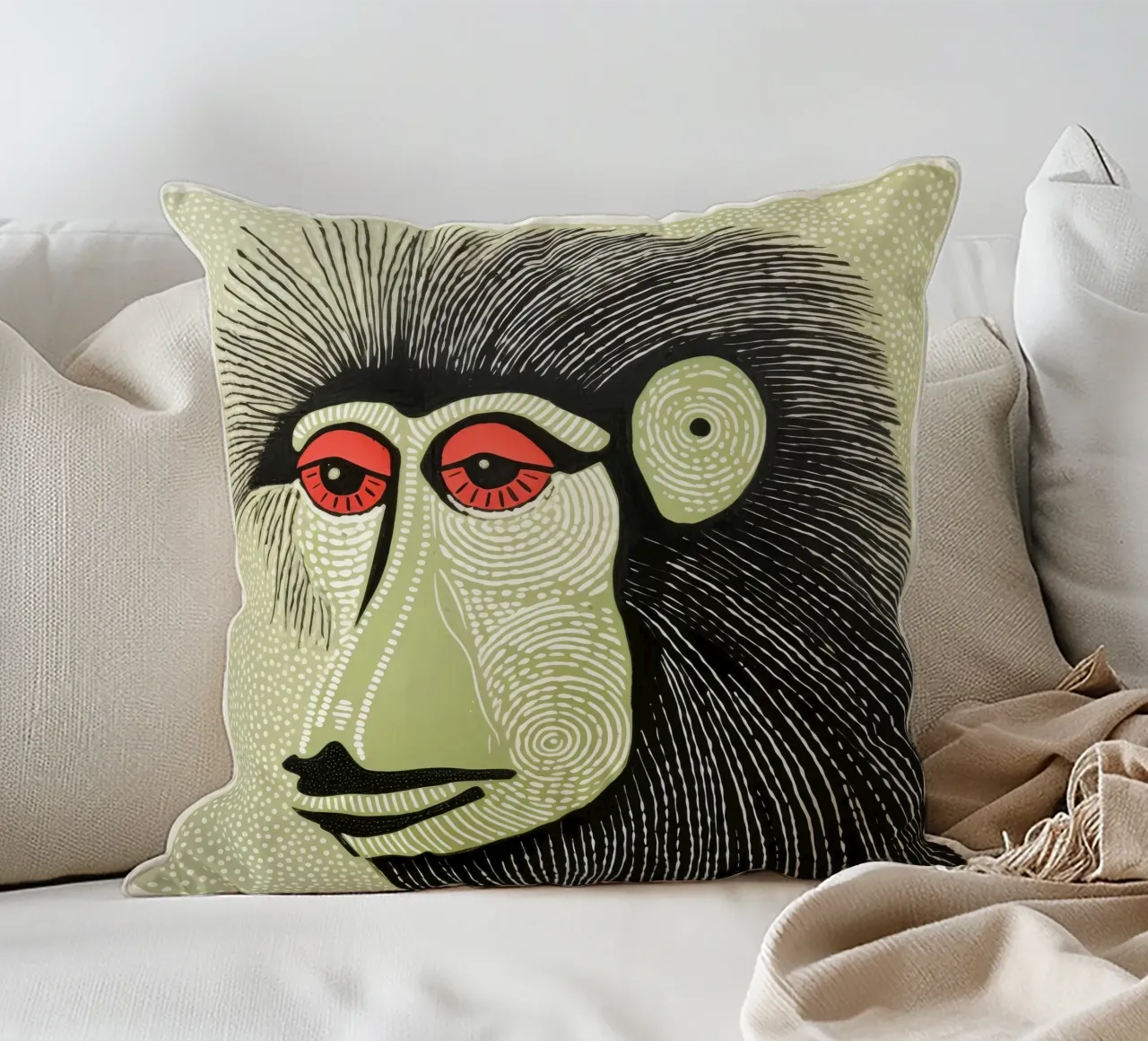 Mandrillo verde 4 cuscino da Minimal Animal Art