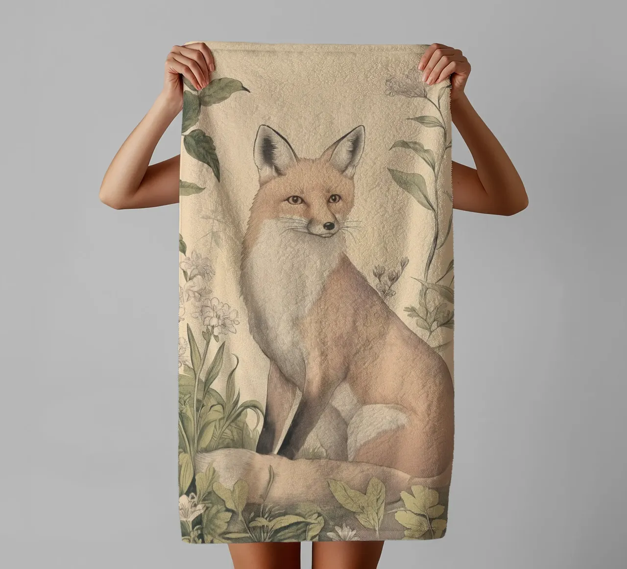 Ilustración de un zorro en Wild Botanical toalla de baño de Melloi Art Print