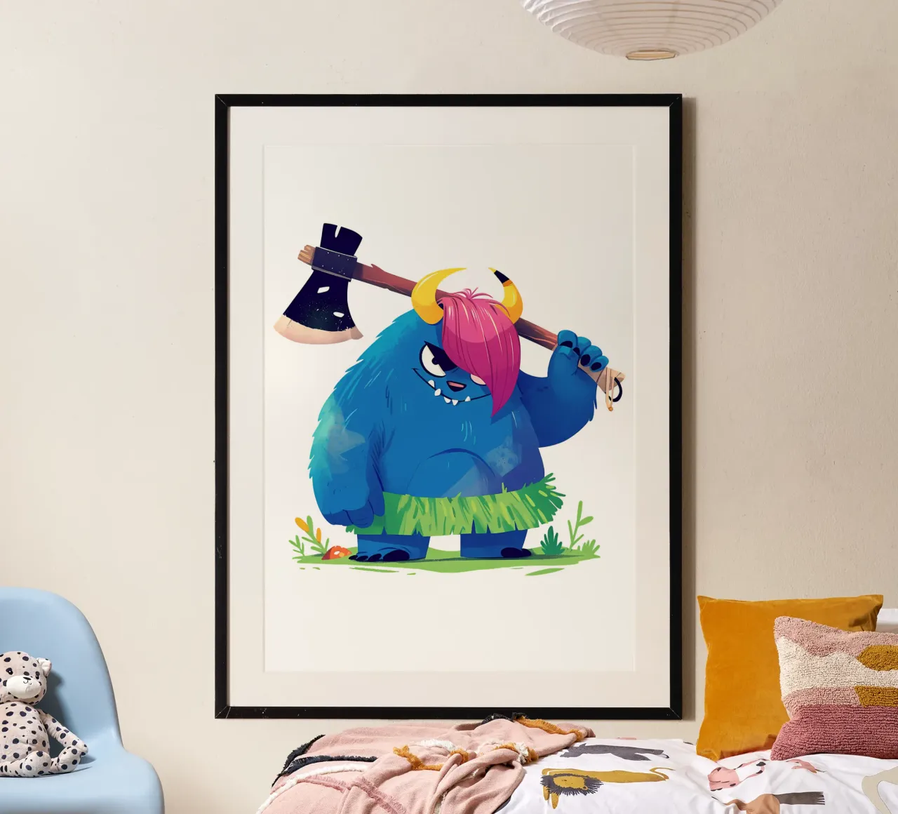 Mostro blu che impugna un'ascia Trending Now poster con telaio in alluminio da Urban Life