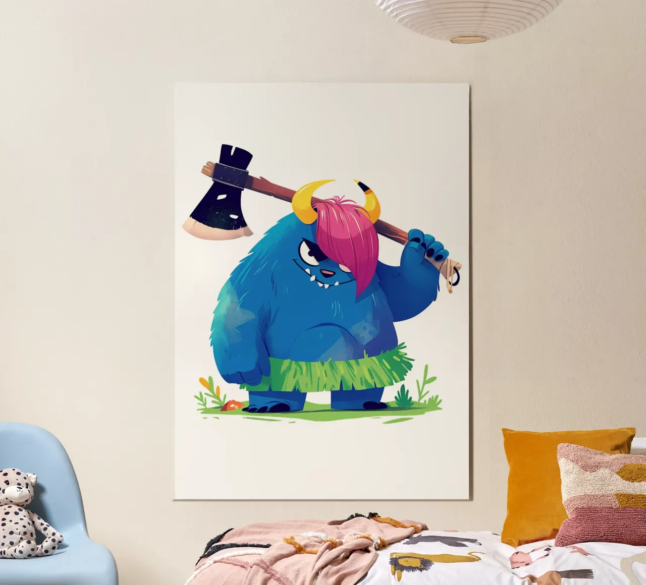 Mostro blu che impugna un'ascia Trending Now poster con telaio in alluminio da Urban Life