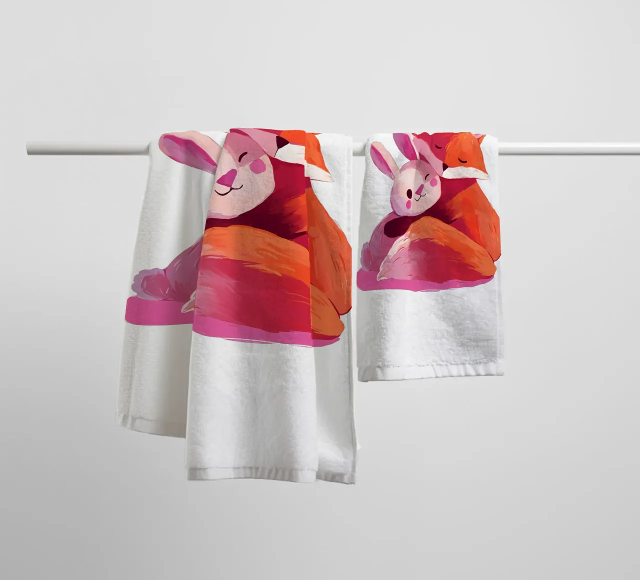 Fox and Rabbit Hugging Trending Now towel by Urban Life
