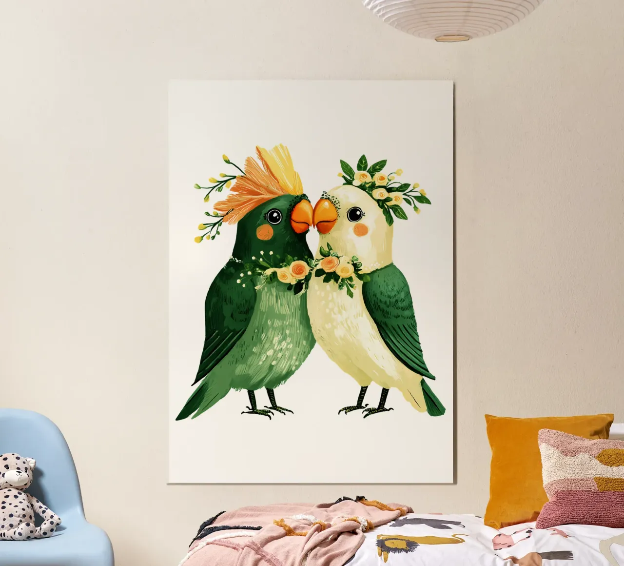 Pappagalli amati da San Valentino Trending Now poster con telaio in legno da Urban Life