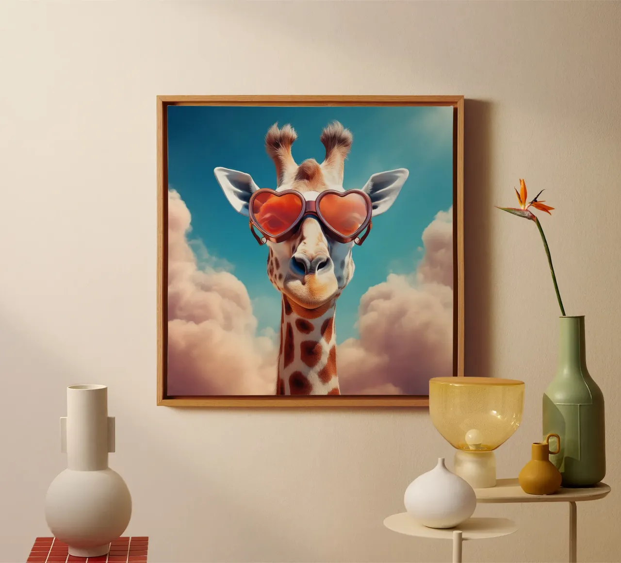 Giraffe met hartvormige zonnebril - Leuke muursticker canvas met Baklijst van FlexiDesignsByK