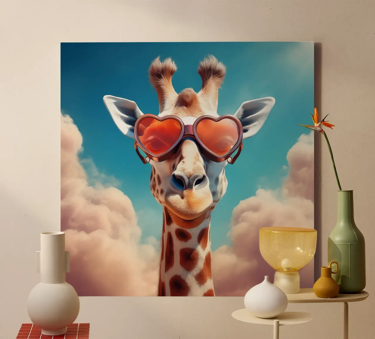 Giraffe met hartvormige zonnebril - Leuke muursticker canvas met Baklijst van FlexiDesignsByK