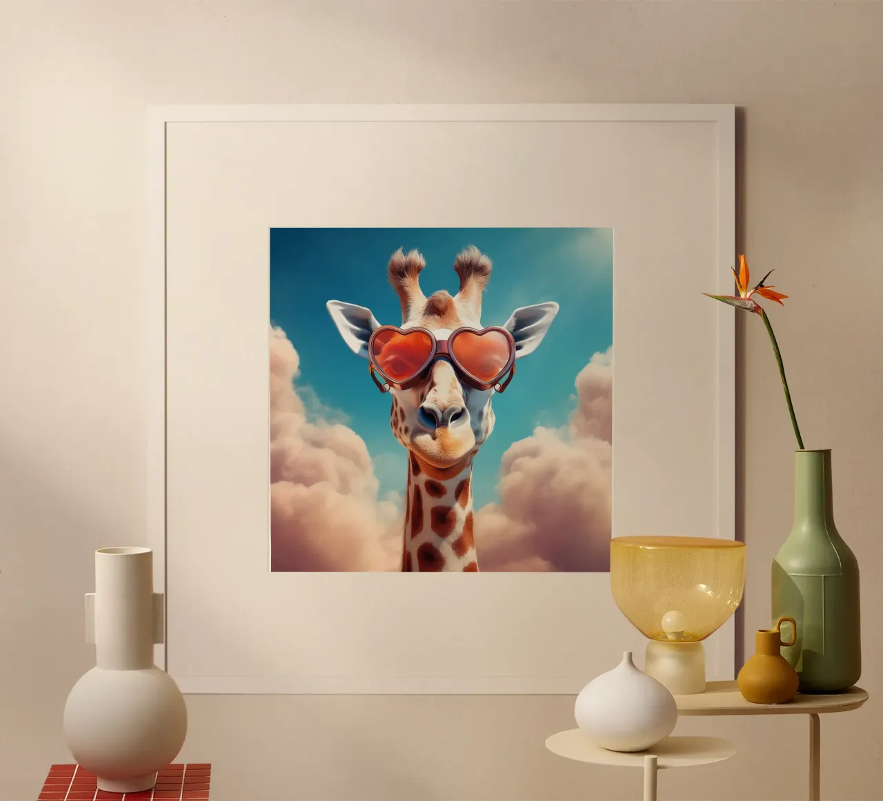 Giraffa con occhiali da sole a forma di cuore - Arte da parete divertente poster con telaio in alluminio da FlexiDesignsByK
