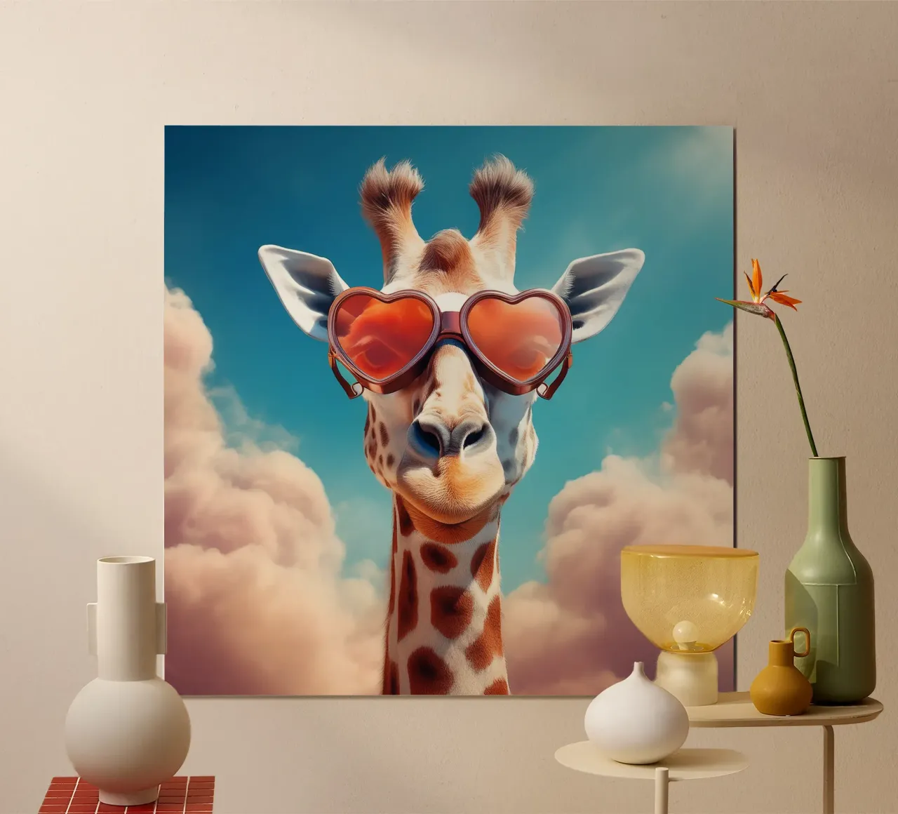Giraffa con occhiali da sole a forma di cuore - Arte da parete divertente poster con telaio in alluminio da FlexiDesignsByK