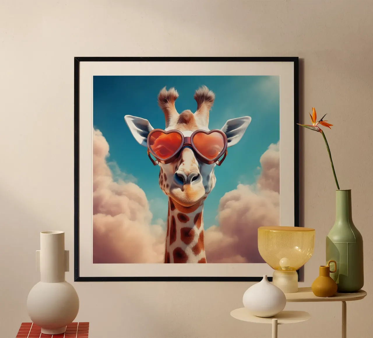 Giraffa con occhiali da sole a forma di cuore - Arte da parete divertente poster con telaio in alluminio da FlexiDesignsByK