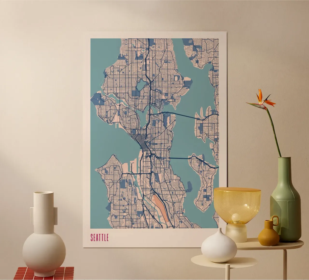 Seattle - Tra acqua e skyline poster con telaio in alluminio da MOOODZART