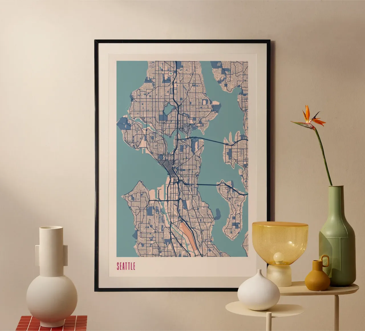 Seattle - Tra acqua e skyline poster con telaio in alluminio da MOOODZART