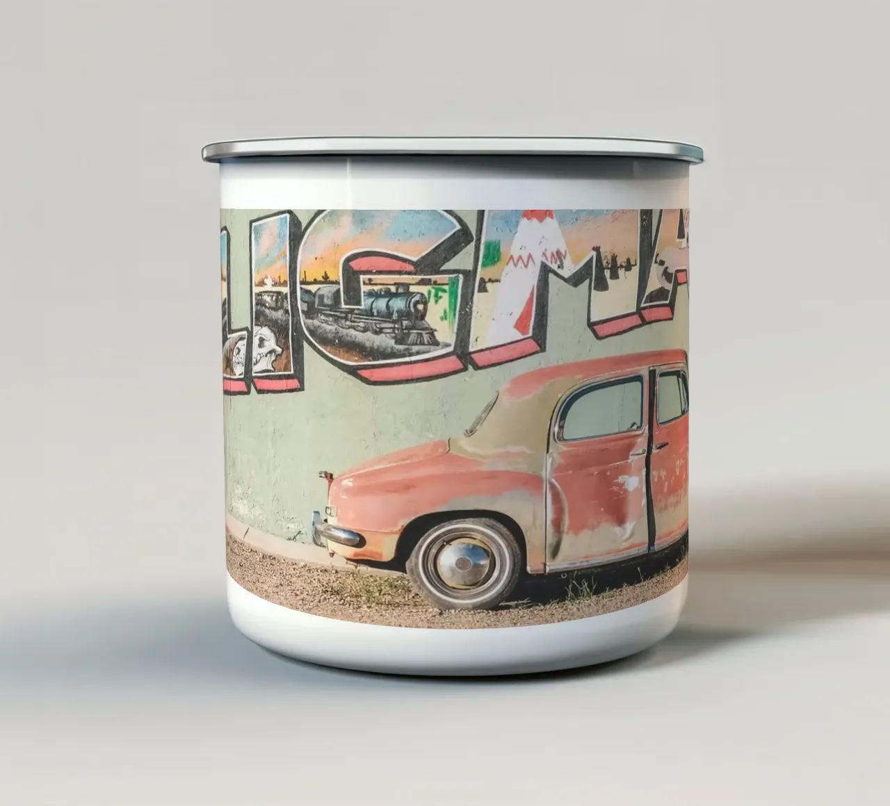 Route 66, USA I Auto d'epoca retrò a Seligman tazza in smalto da Julie Travel Photography