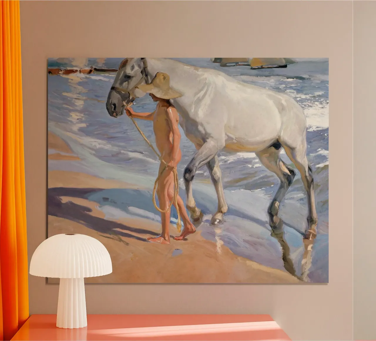 Joaquin Sorolla - Das Baden eines Pferdes Poster mit Kunststoffrahmen von ARTOTHEK