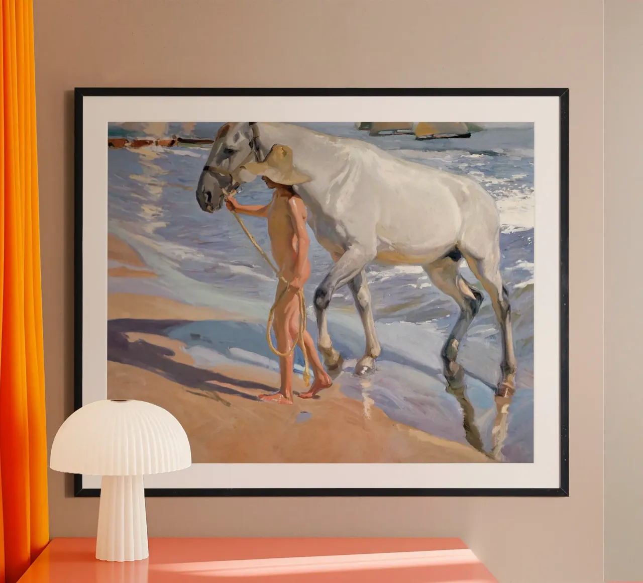 Joaquin Sorolla - Das Baden eines Pferdes Poster mit Kunststoffrahmen von ARTOTHEK